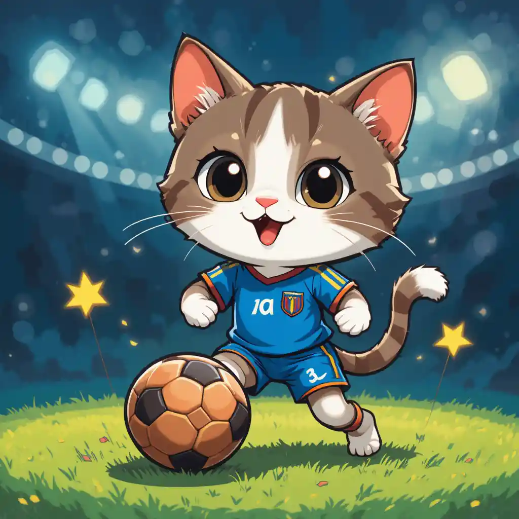 Cute cartoon cat playing with soccer world cup ball