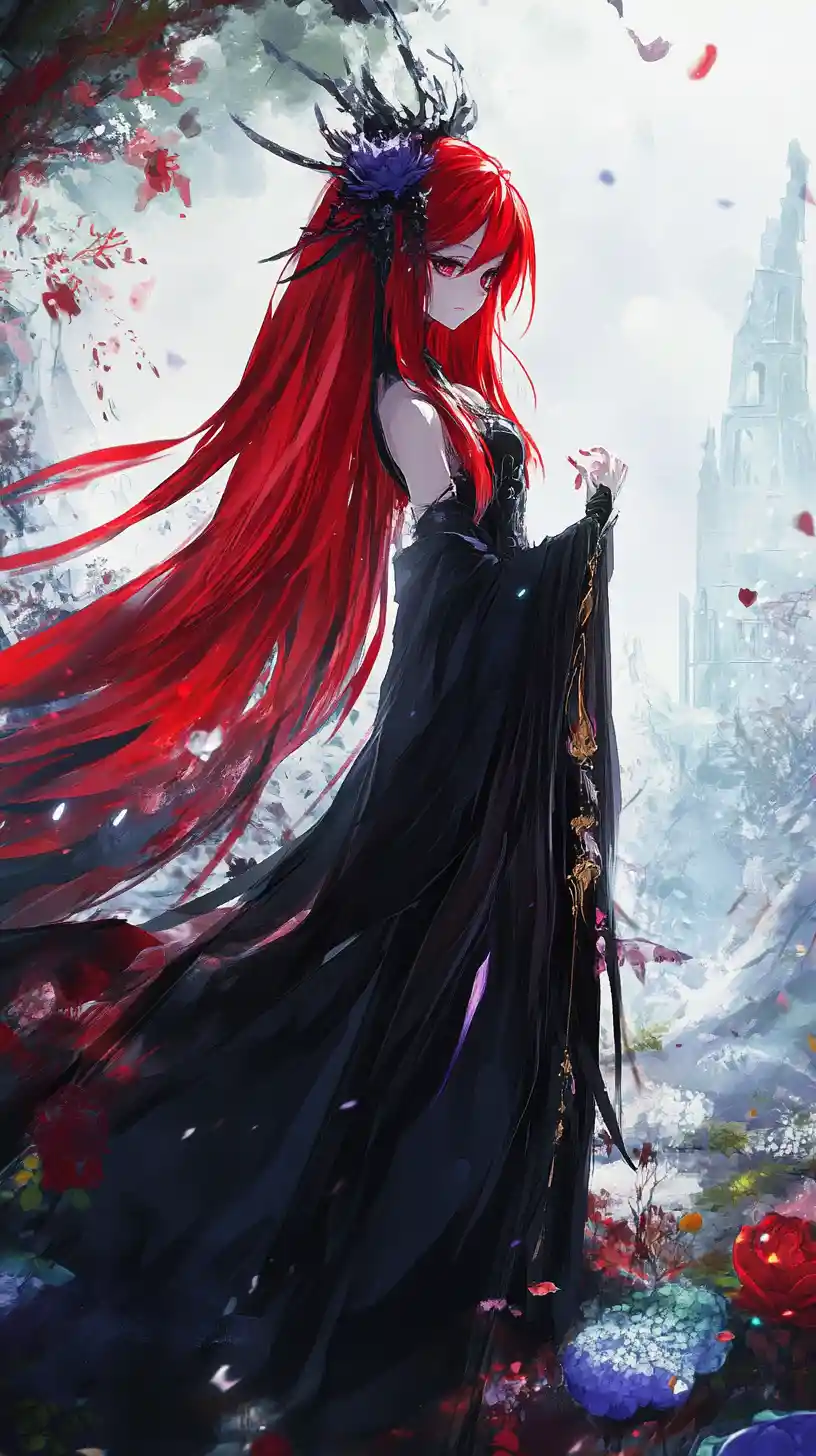 Anime girl in regal crimson dress with flowing cape