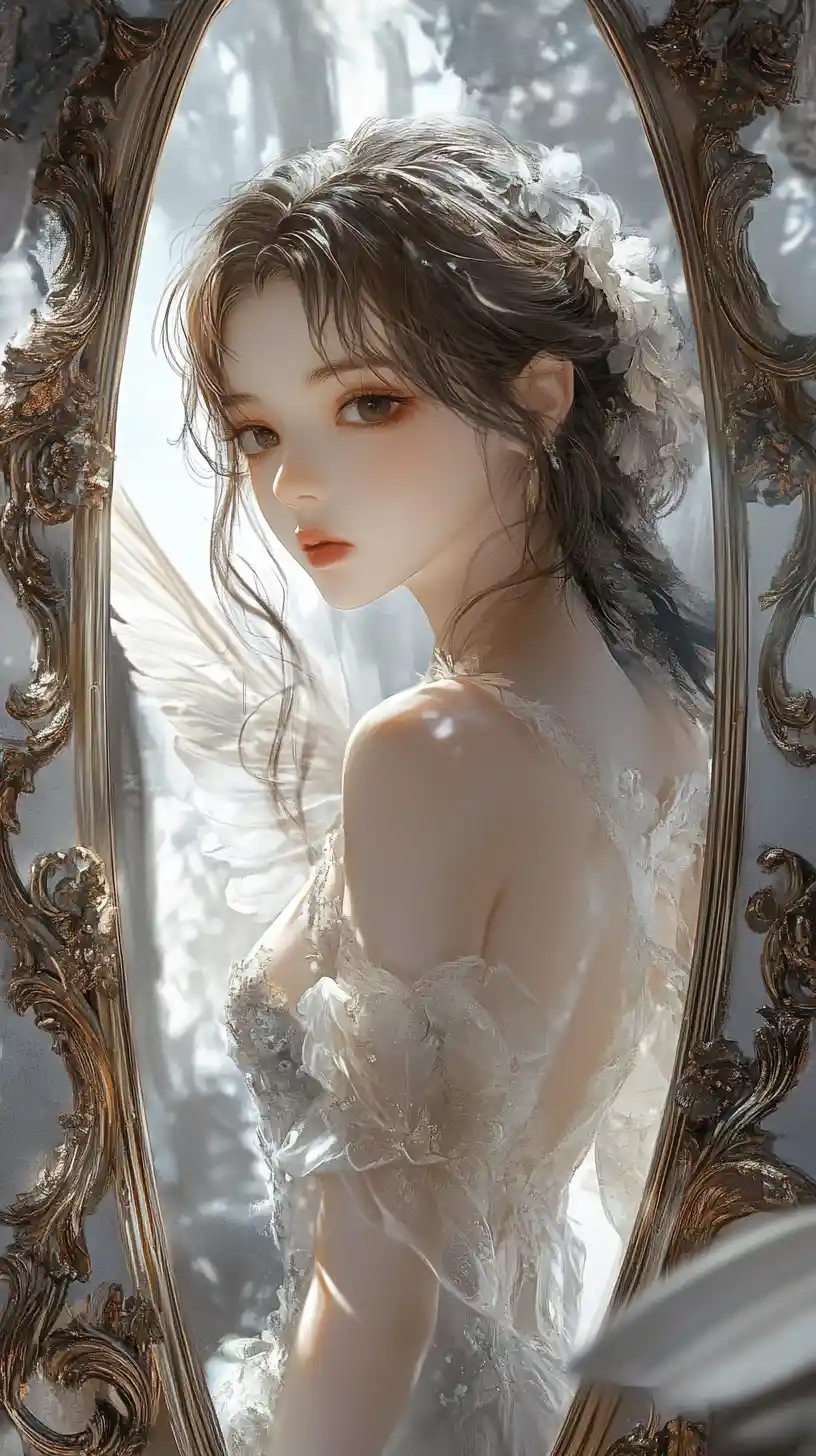 Anime girl before an ornate mirror with surreal reflection