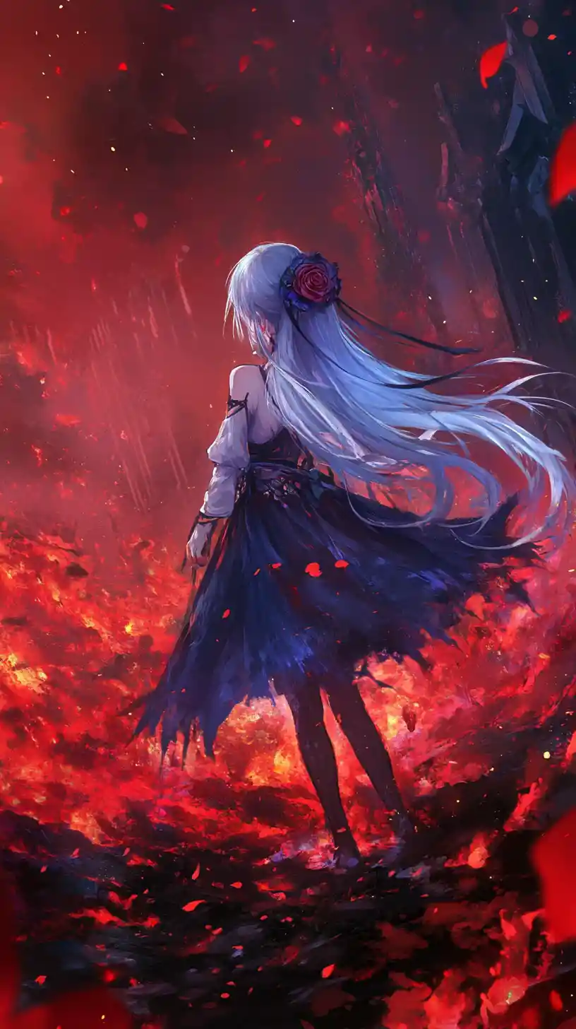 Anime girl lying in lava under a blood red sky