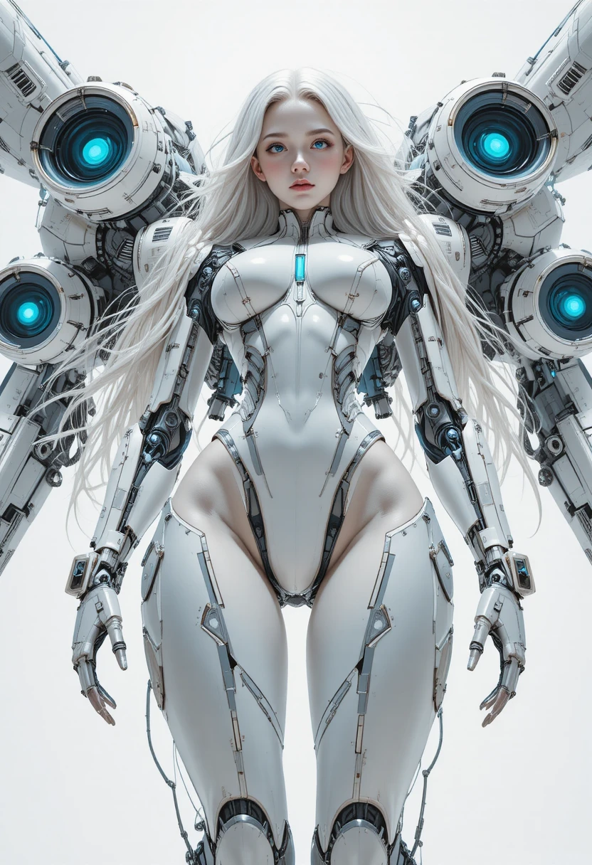 Futuristic anime android warrior with massive mecha exoskeleton