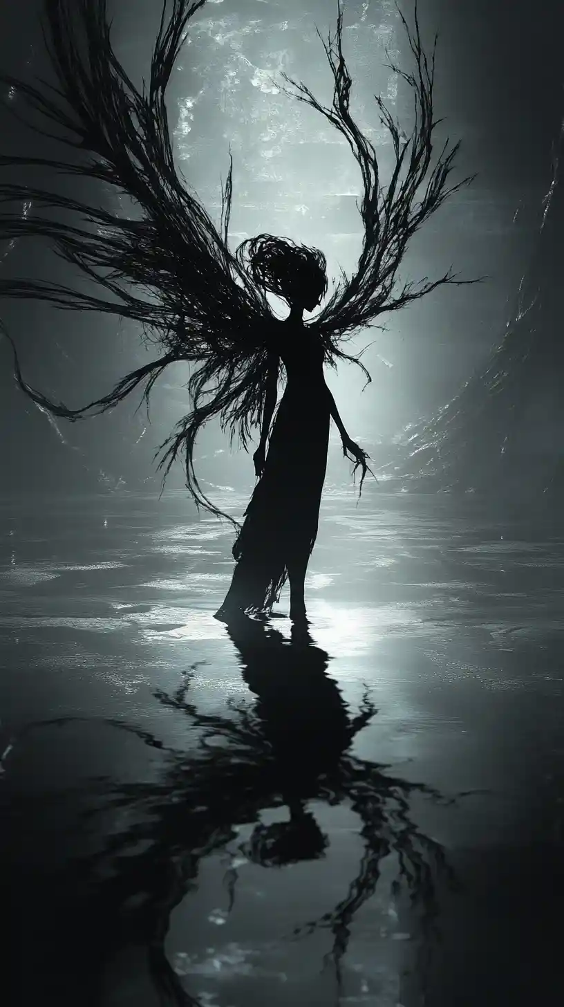 Gothic anime fairy frozen in shadowy surreal darkness