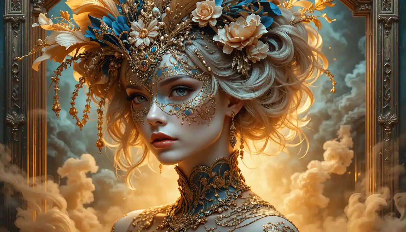 Masked woman in ornate bordeaux gown with golden carnival glow