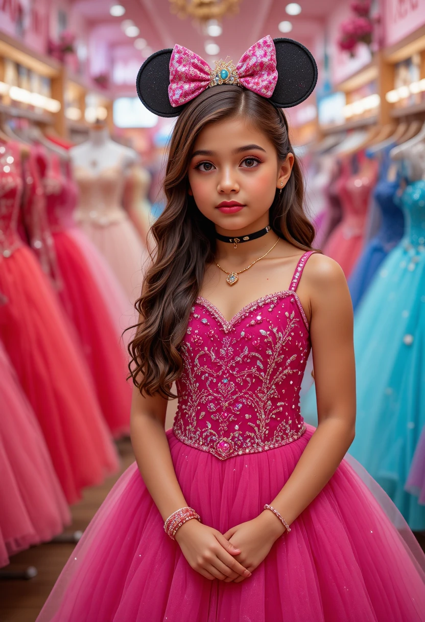 Young girl in pink Minnie dress in boutique