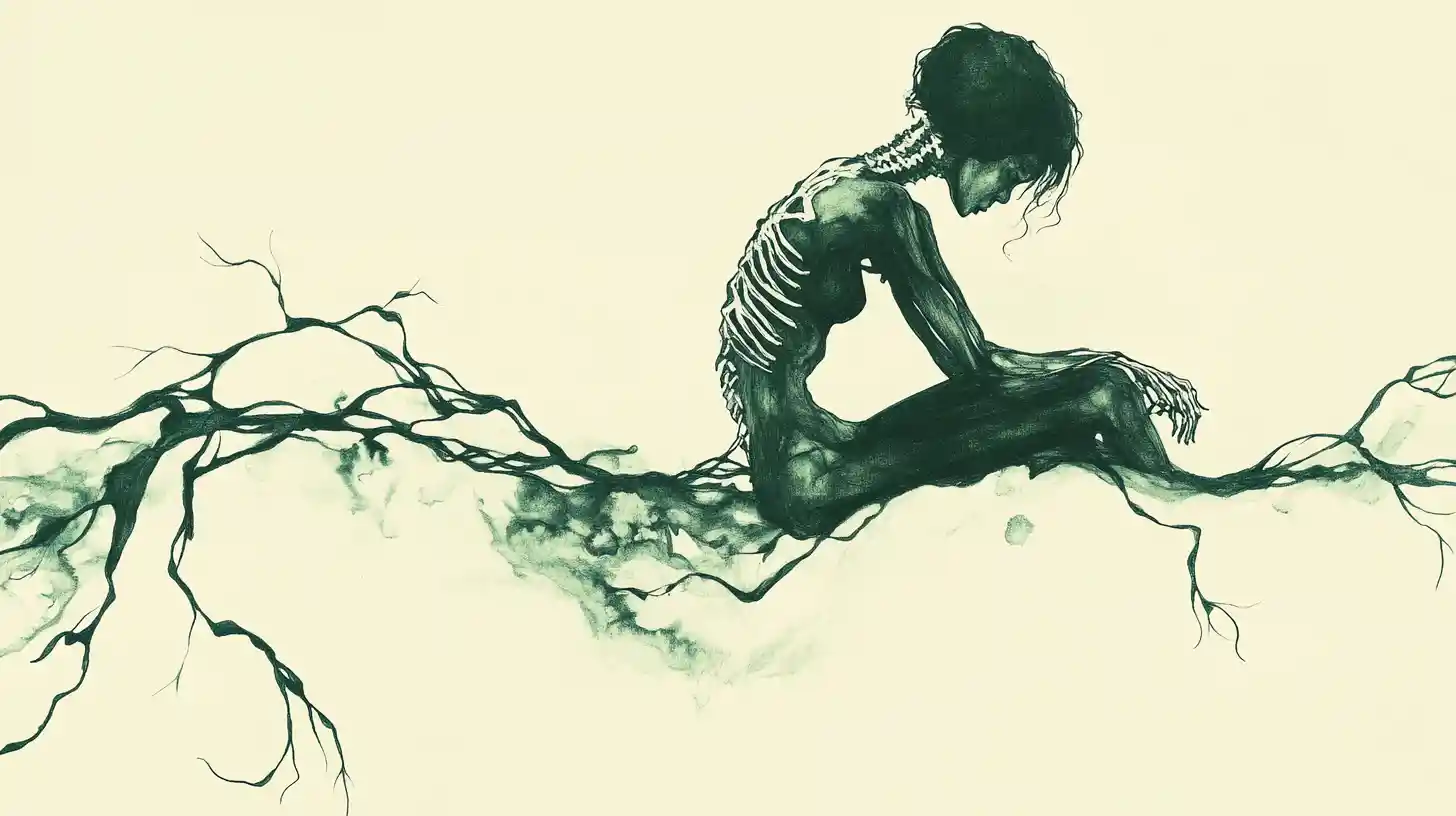 Minimal ink figure emerging from delicate flowing vines
