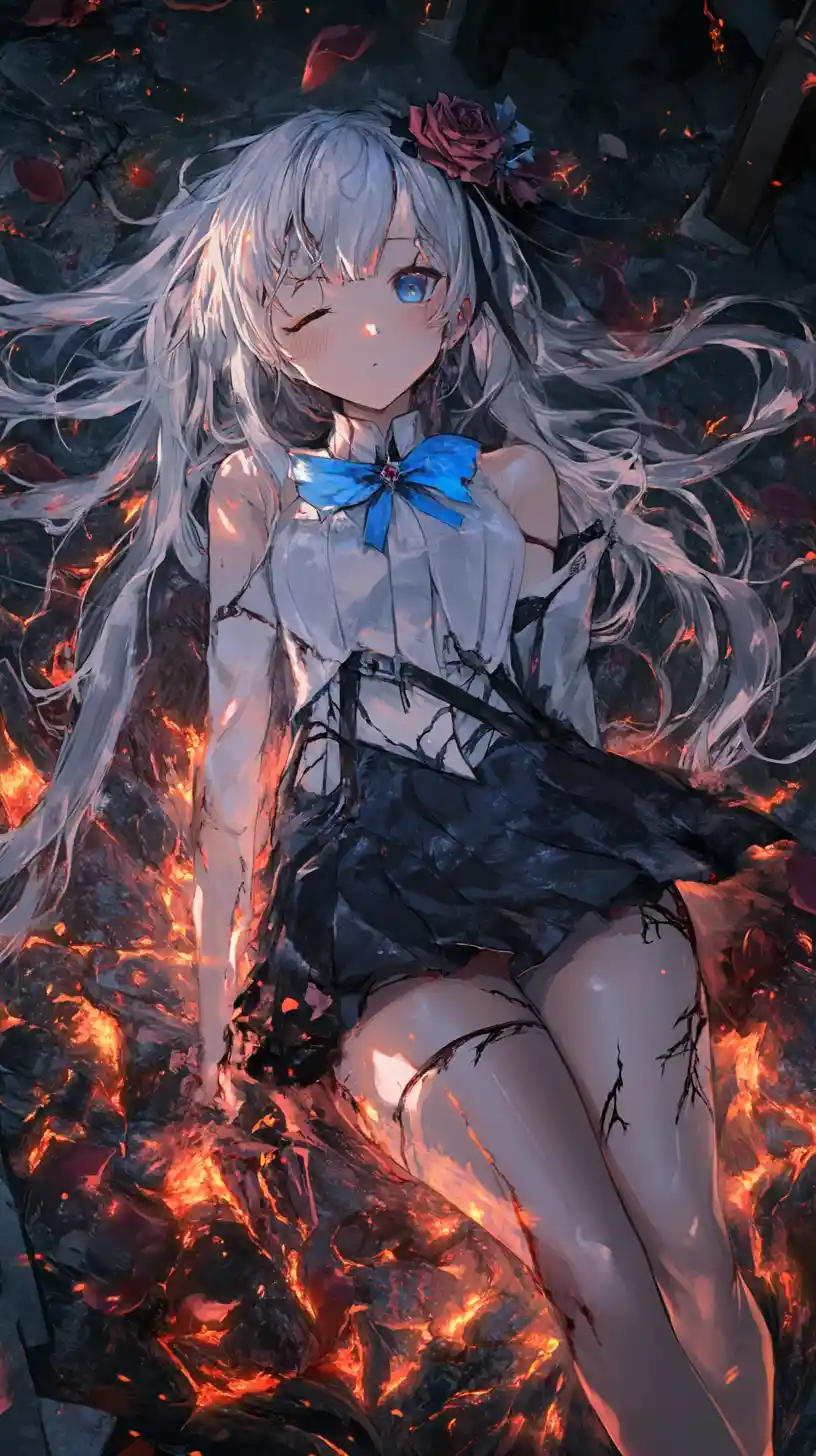 Anime girl lying in lava under a dark red sky