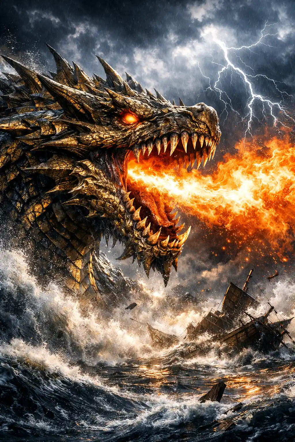 Mythic sea leviathan breathing fire over stormy ocean