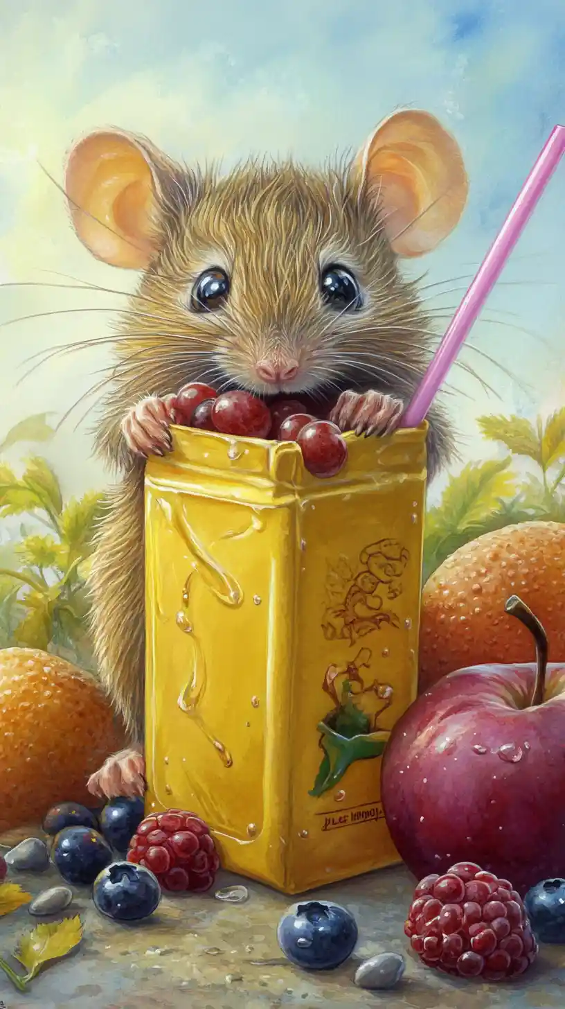 Rato fofo com caixa de suco de fruta em ilustração em aquarela