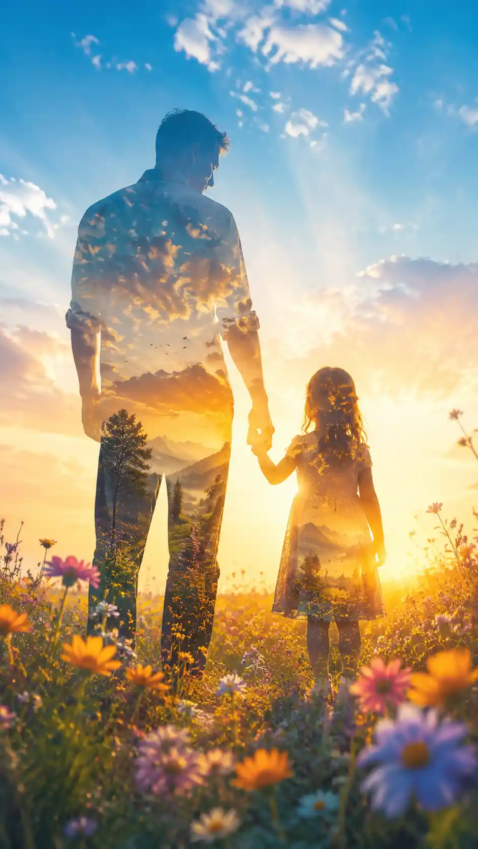 Father and daughter silhouettes in glowing flower meadow