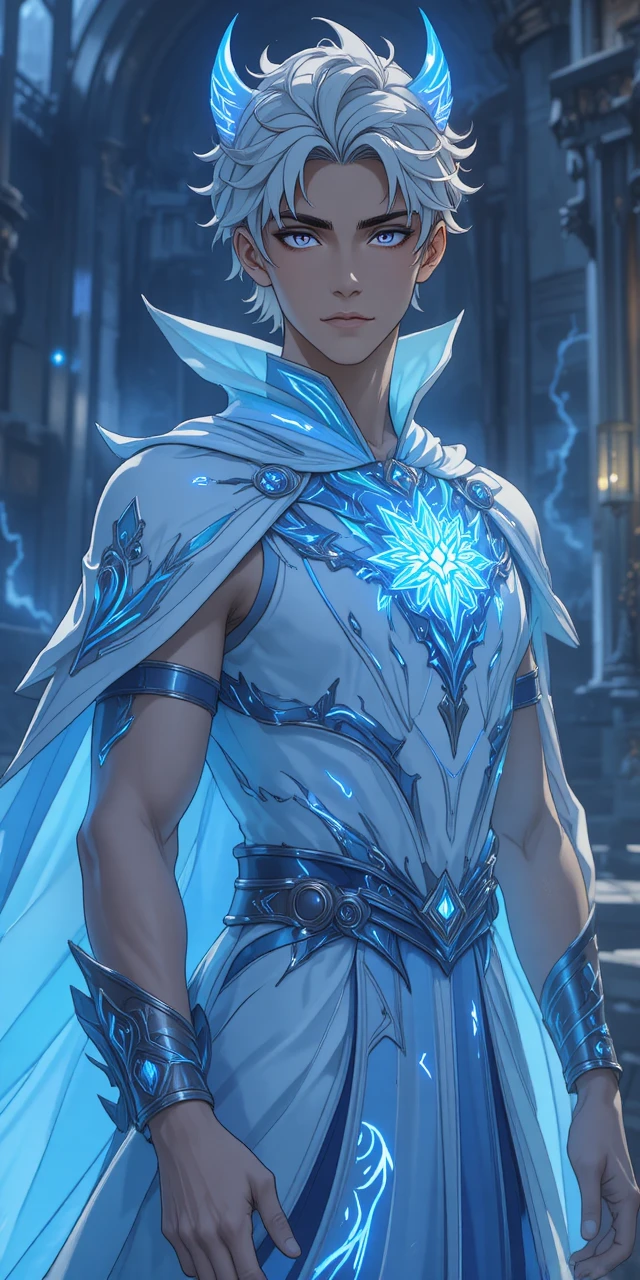 Anime eliatrope man with glowing antlers in tunic and cape