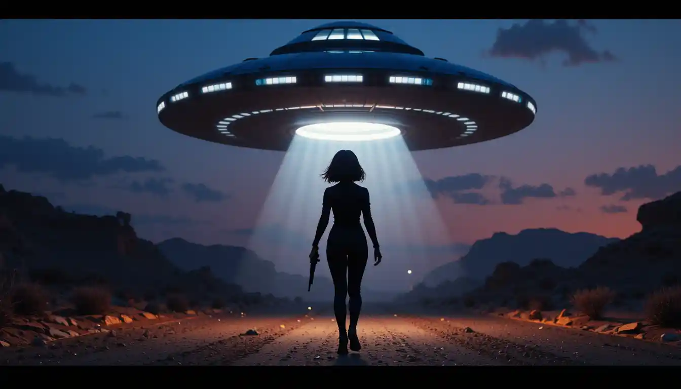 Vintage black and white UFO abduction over dark night sky