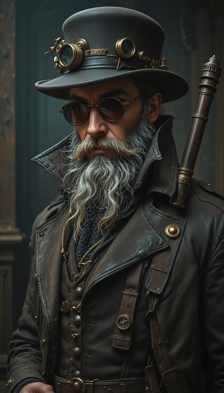 Steampunk pirate captain with sword cane and brass goggles