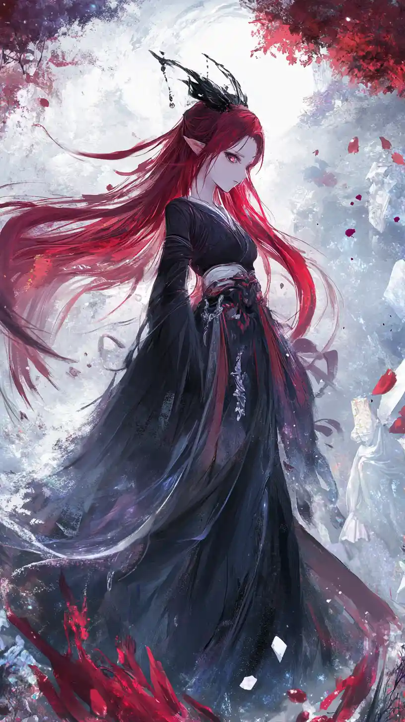 Crimson haired anime girl in regal dark fantasy attire