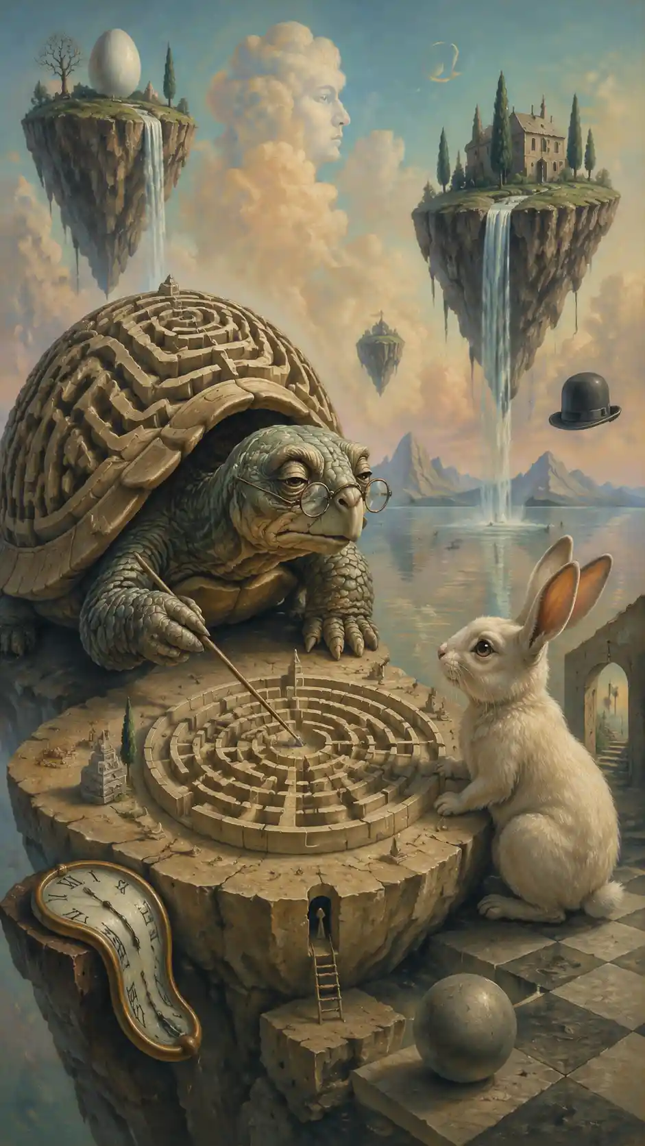 Wise tortoise teaching a young rabbit in a surreal landscape