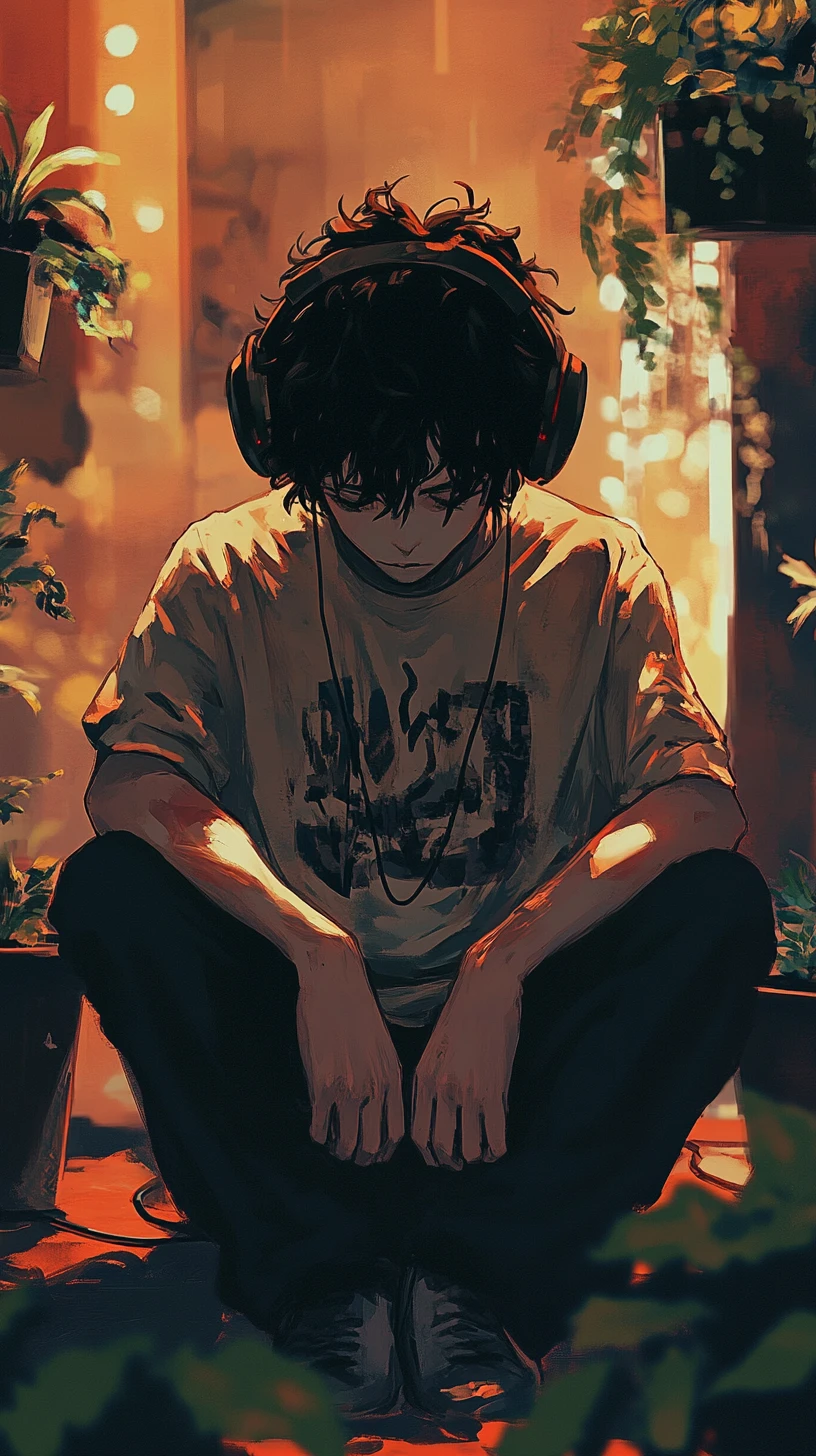 Young man in headphones resting among shadowy indoor plants