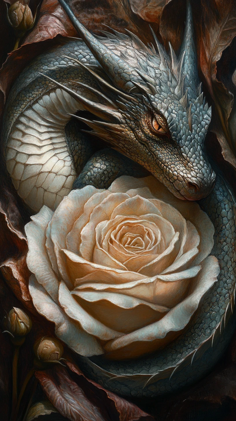 Sleeping dragon formed from a single oversized rose