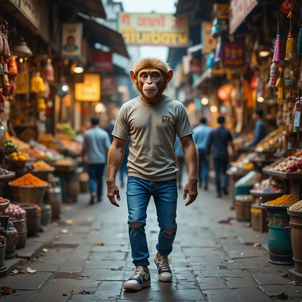 Anthropomorphic monkey walking through vibrant Indian street market