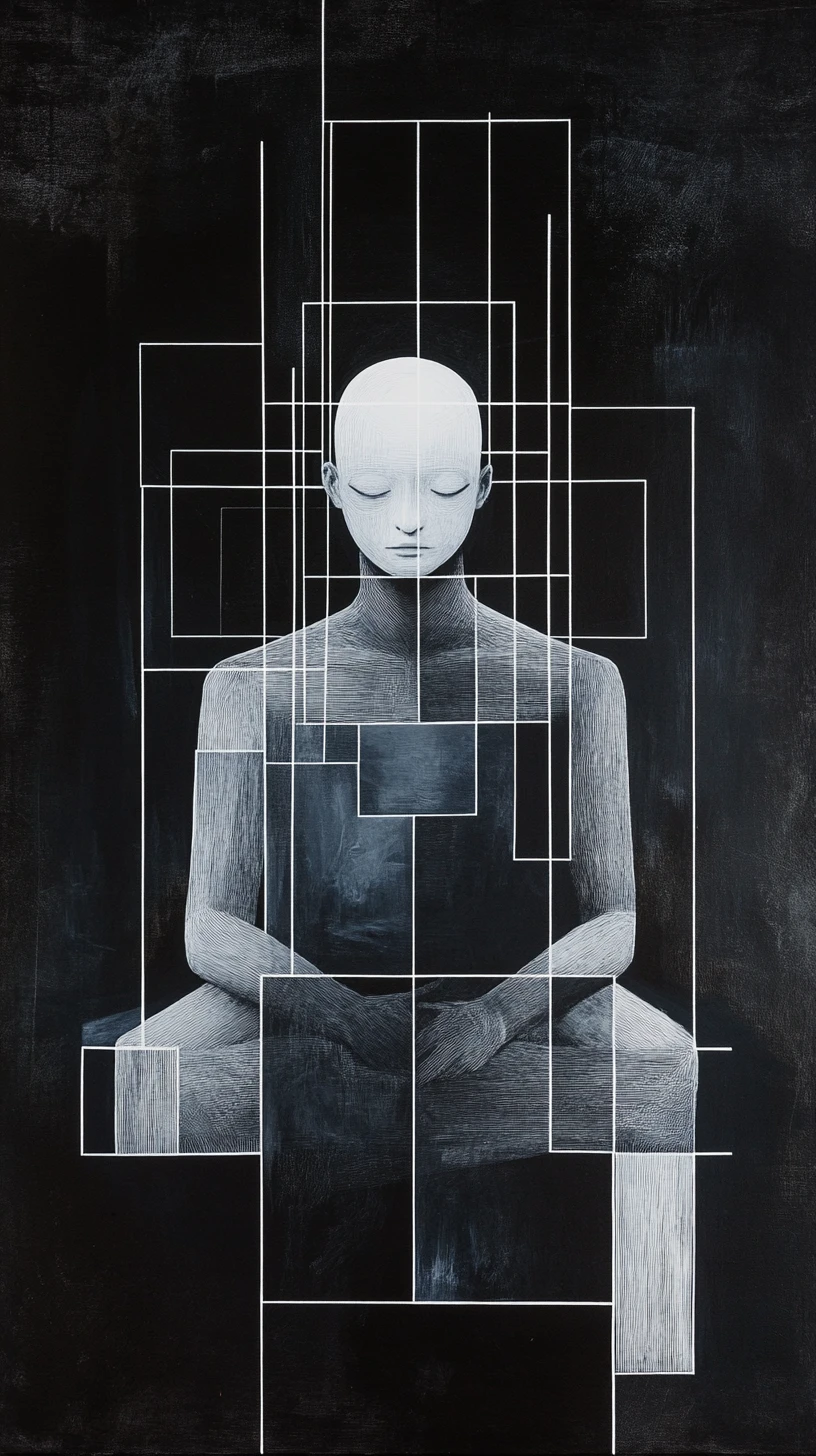Surreal face emerging from void in abstract monochrome scene