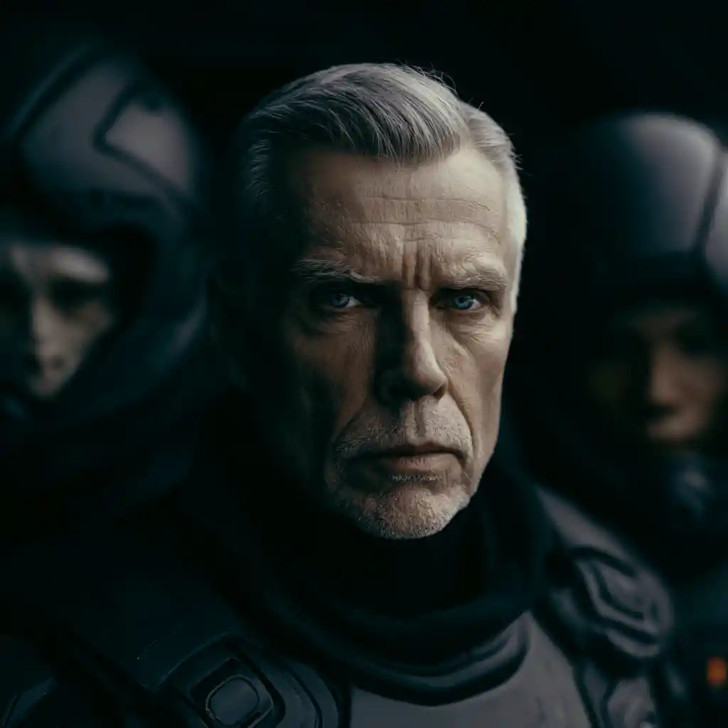 Older man in futuristic cyber suit aboard a spaceship