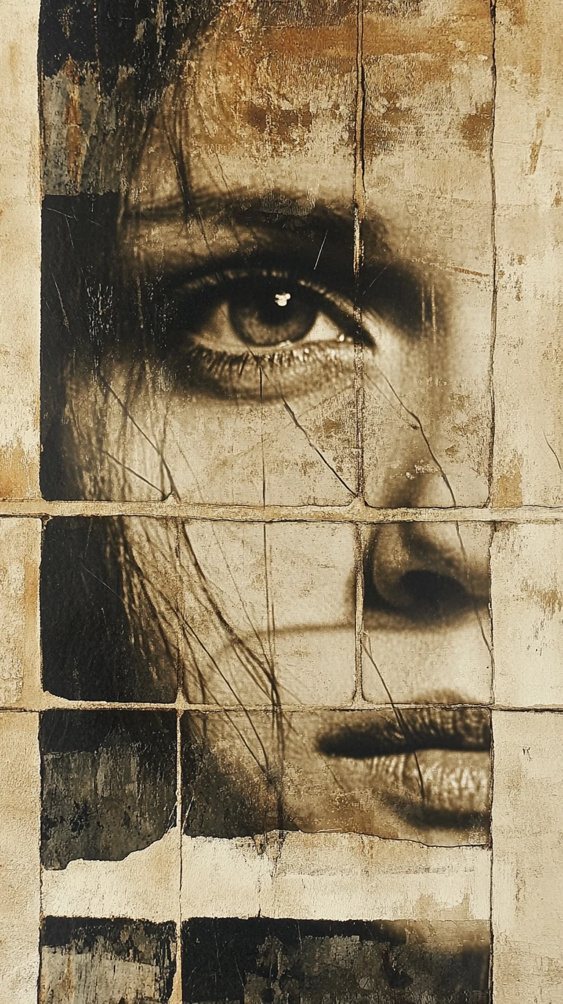 Partial face emerging through worn abstract sepia textures