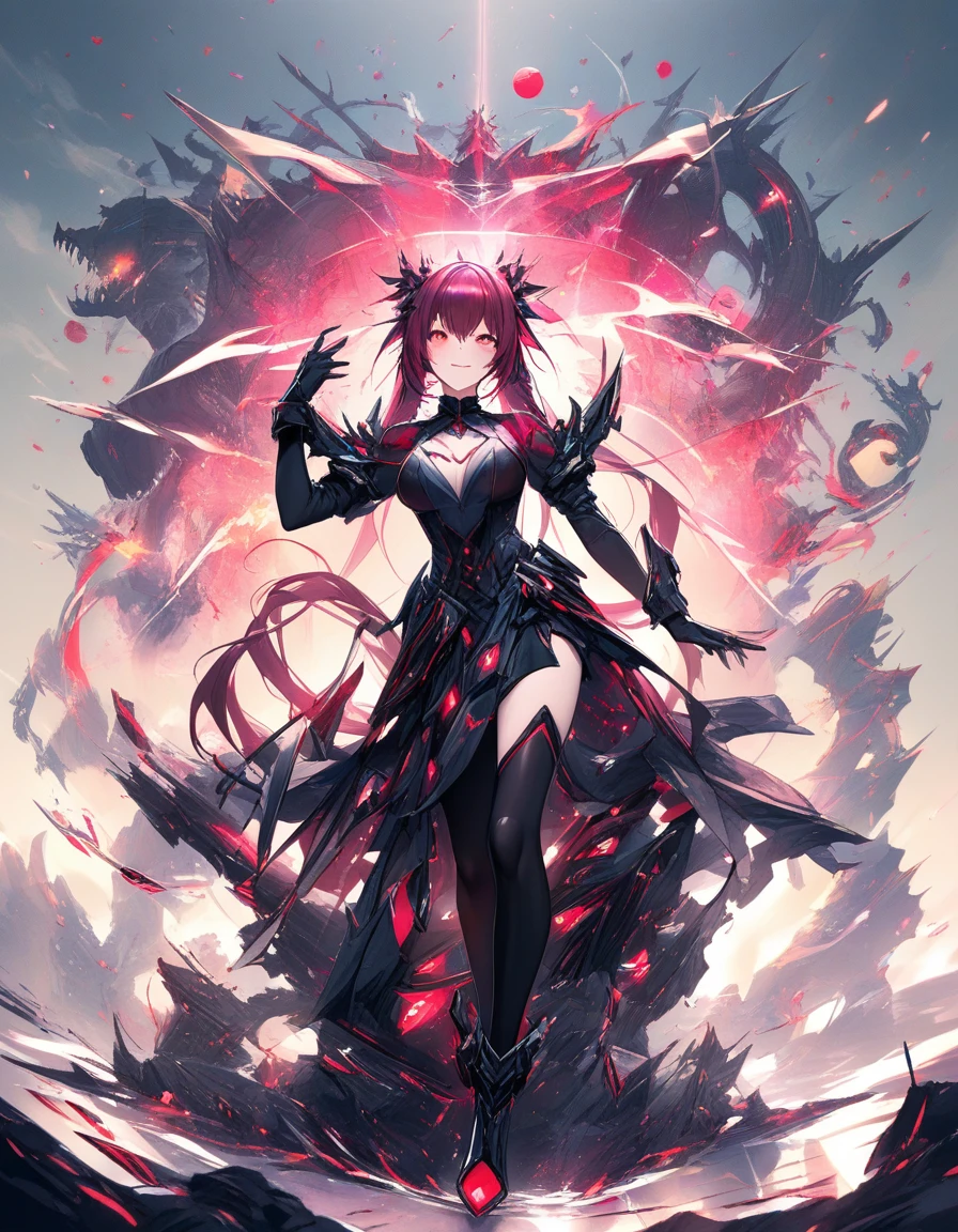 Femme fatale on shattered starship in neon sci fi hellscape