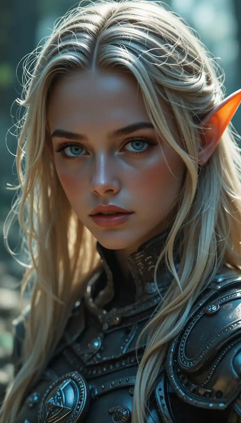 Blonde elf woman knight in shining armor portrait