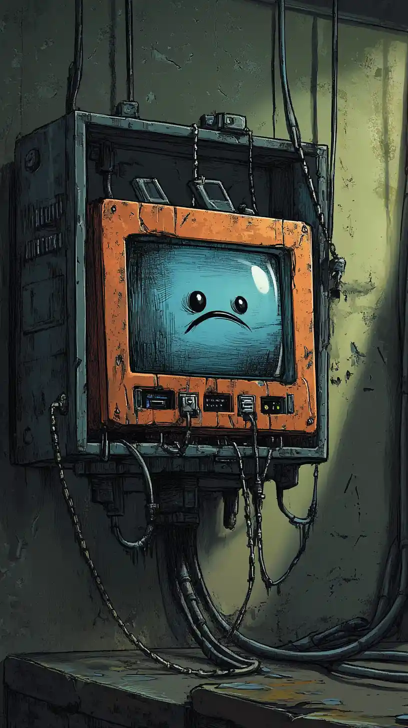 Sad cartoon computer being repaired behind thin prison bars