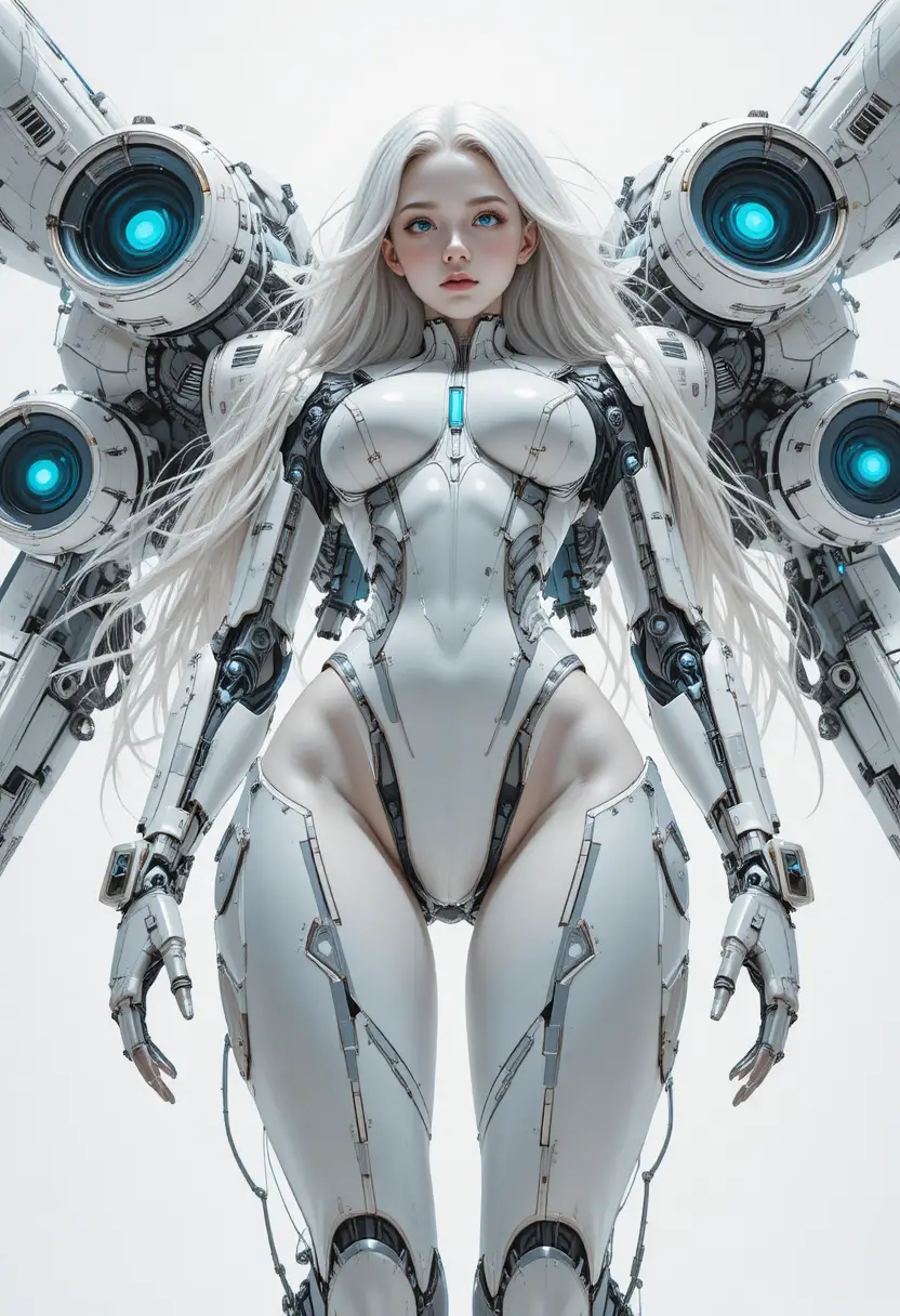 Guerriera androide futuristica in stile anime con enorme esoscheletro mecha