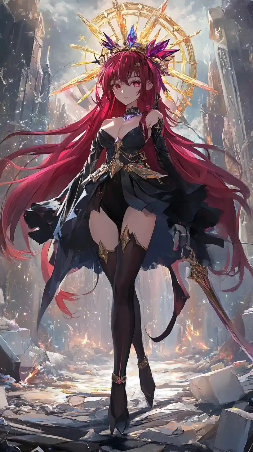 Crimson haired anime girl in regal dark fantasy outfit