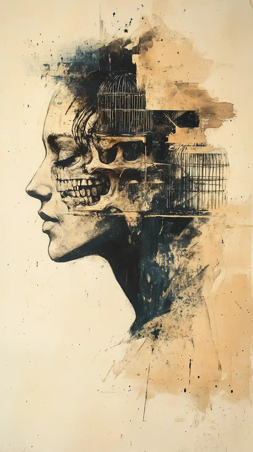 Deconstructed human face with mechanical and calligraphic fragments