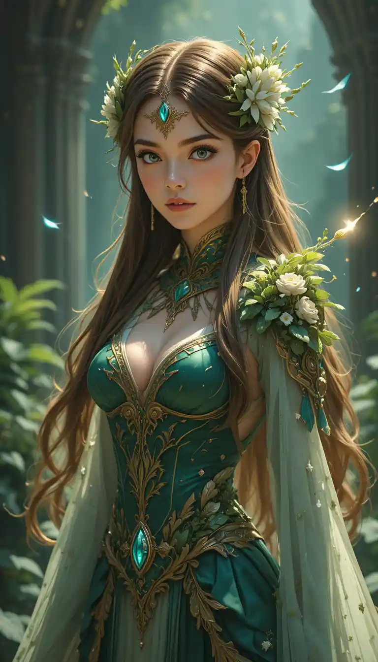 Fantasy nature girl with emerald eyes and living dress