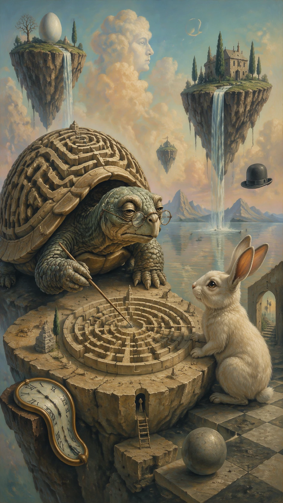 Wise tortoise teaching a young rabbit in a surreal landscape