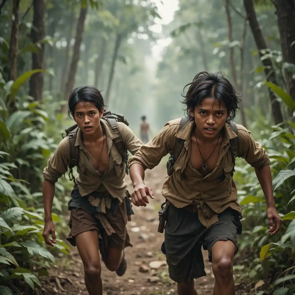 Two exhausted men running toward a dense forest