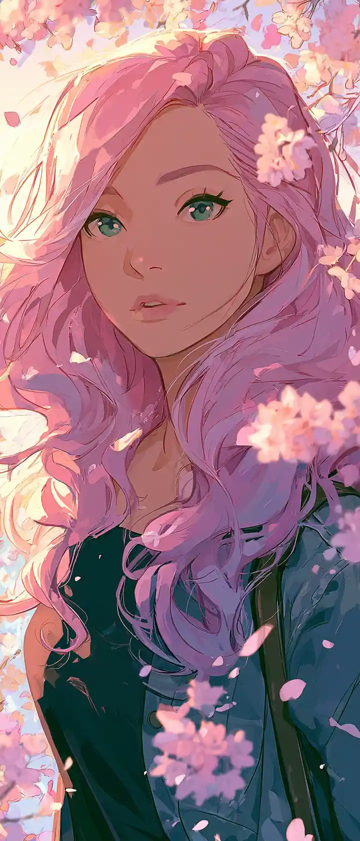 Anime-Mädchen mit Pastellhaar zwischen treibenden Kirschblüten