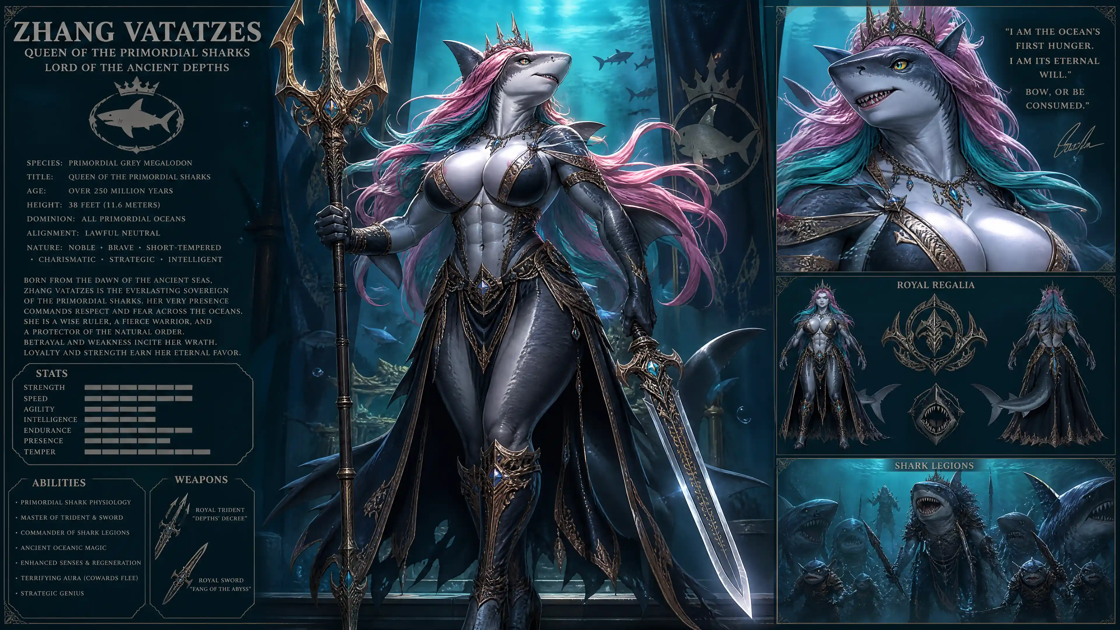 Regal shark queen with flowing pink and teal hair