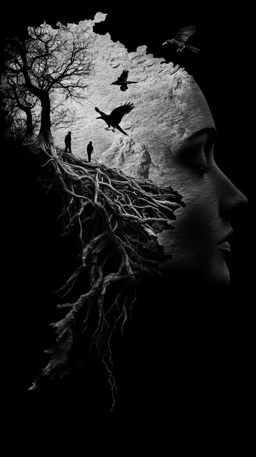 Human profile silhouette filled with collapsing organic forms