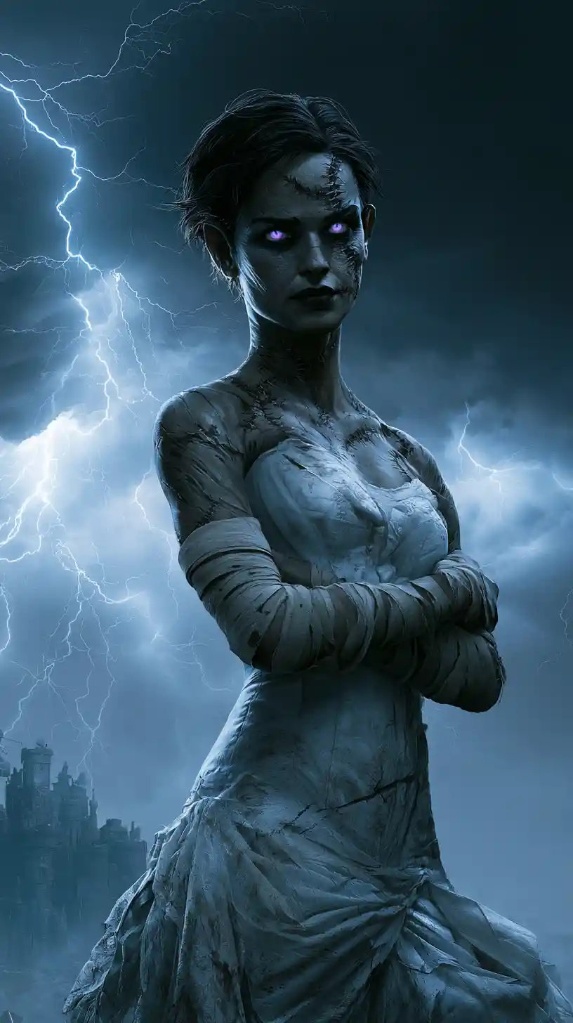 Gothic stitched bride under lightning with glowing purple eyes
