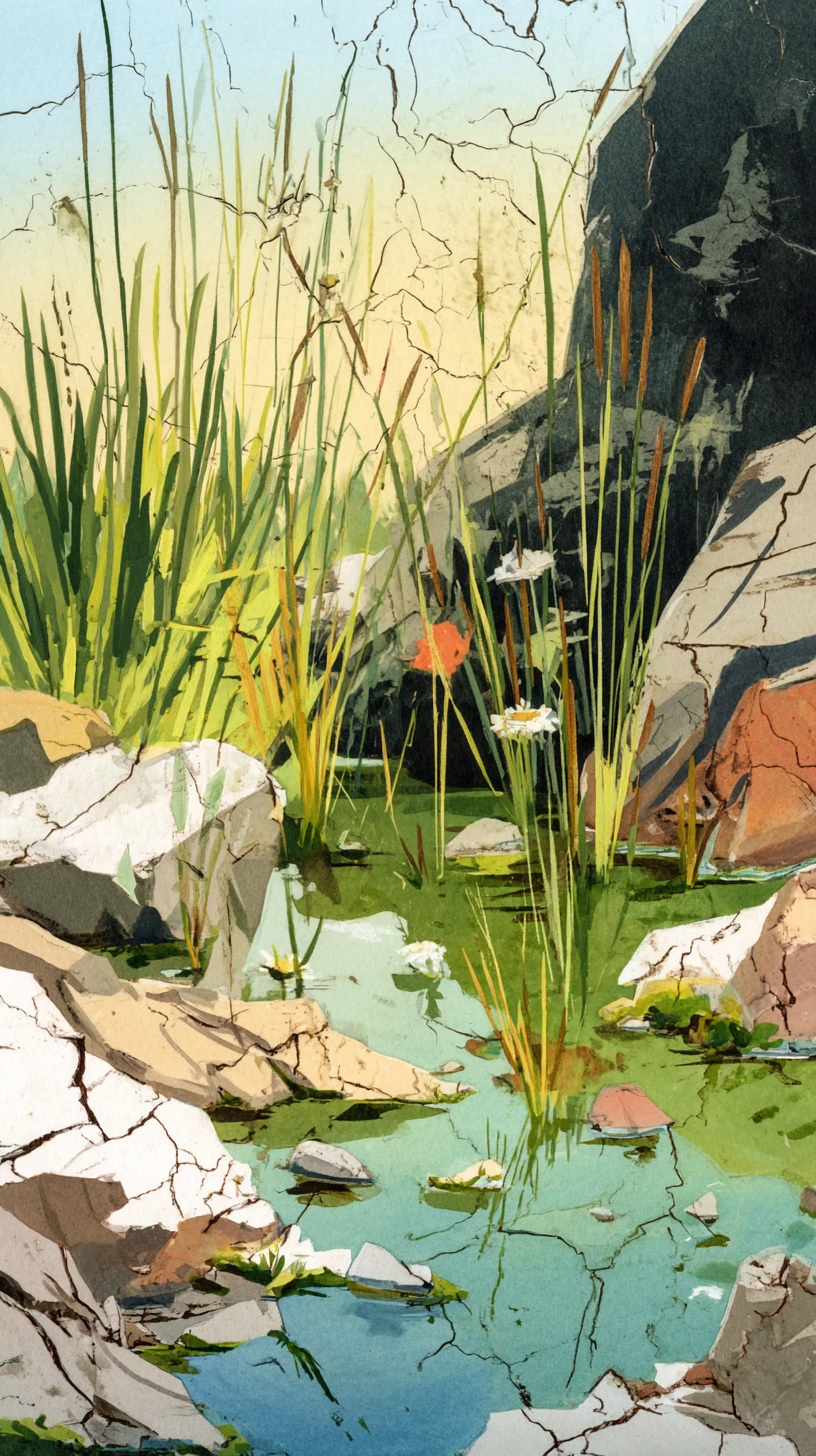 Watercolor mountain landscape with marmot and flowing stream