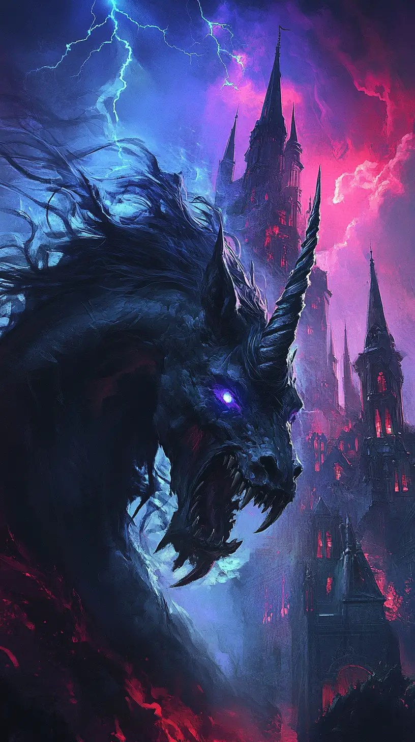 Demonic unicorn before a gothic castle under stormy sky