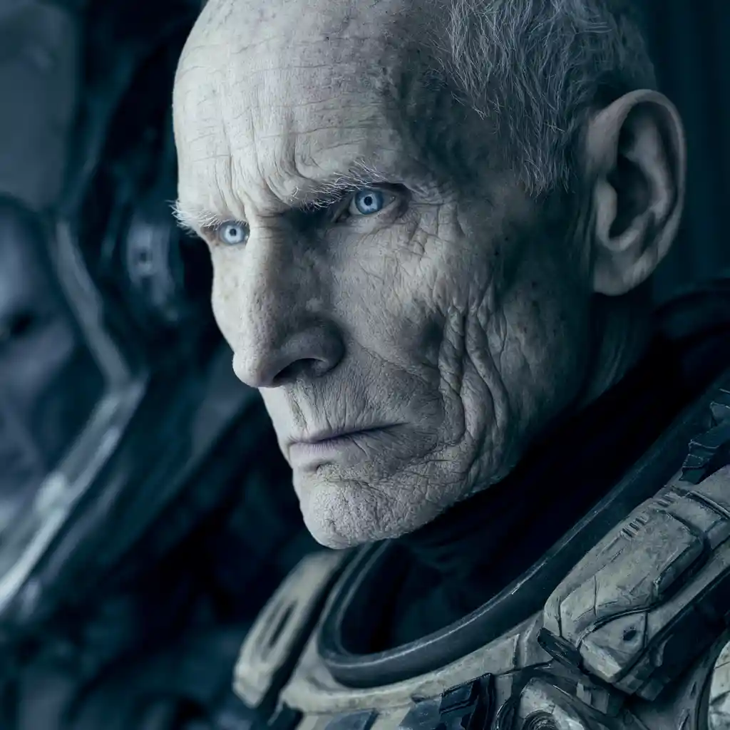 Serious elderly man in futuristic cyber suit aboard spaceship