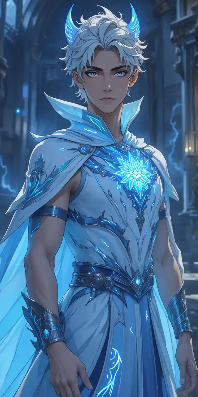 Anime eliatrope man with glowing antlers in tunic and cape