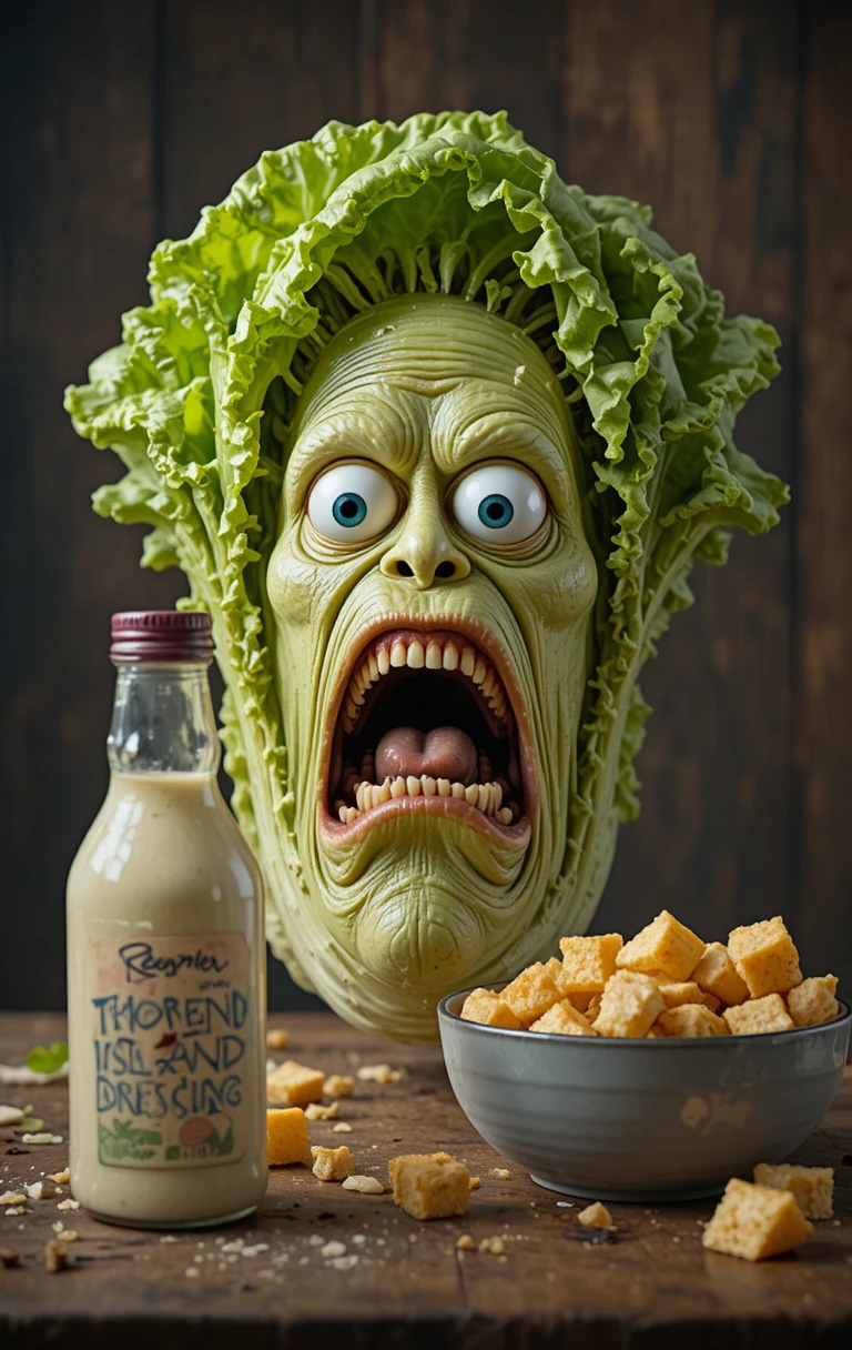 Terrified lettuce head facing dressing bottle and crouton bowl