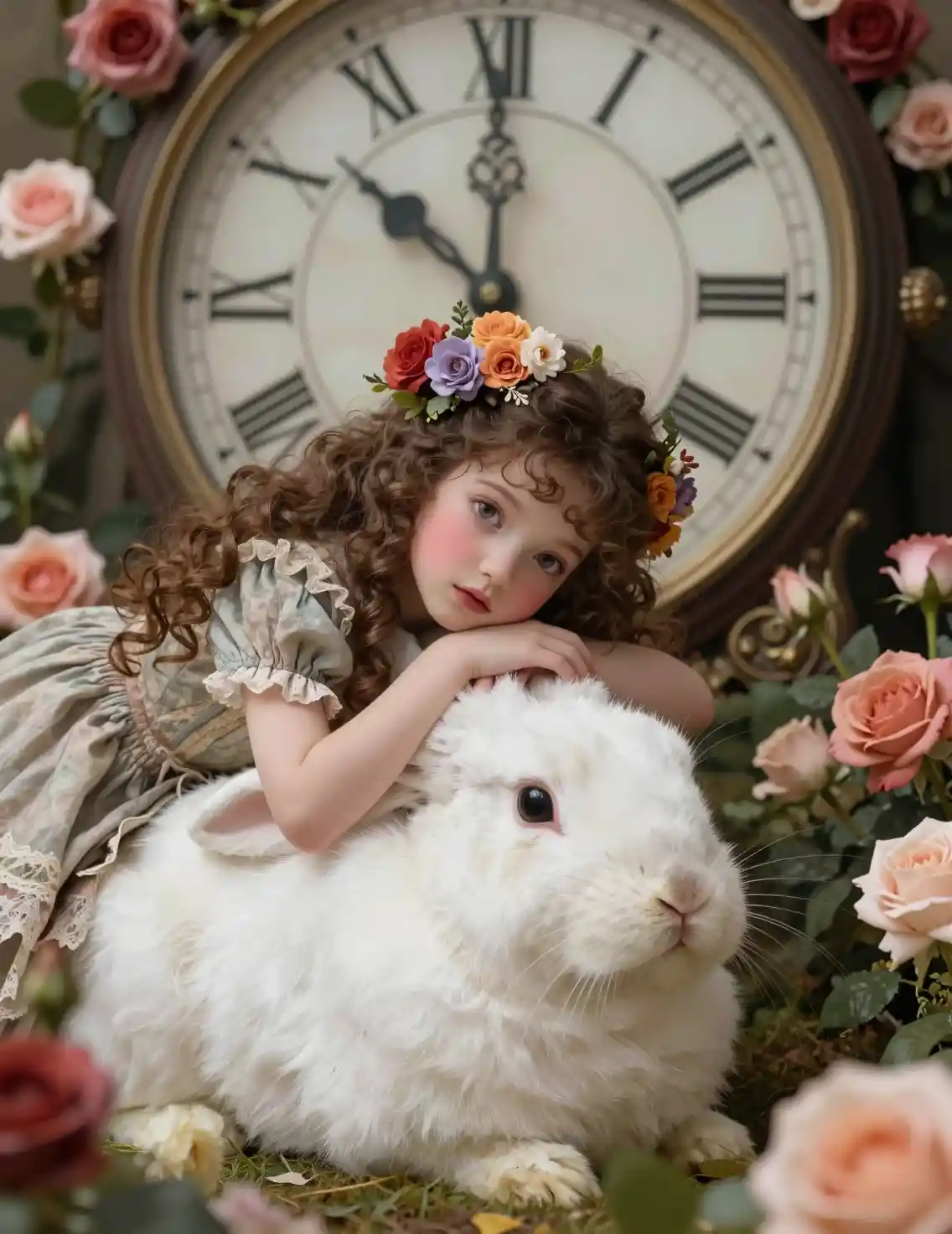 Whimsical girl resting on a white rabbit with flowers