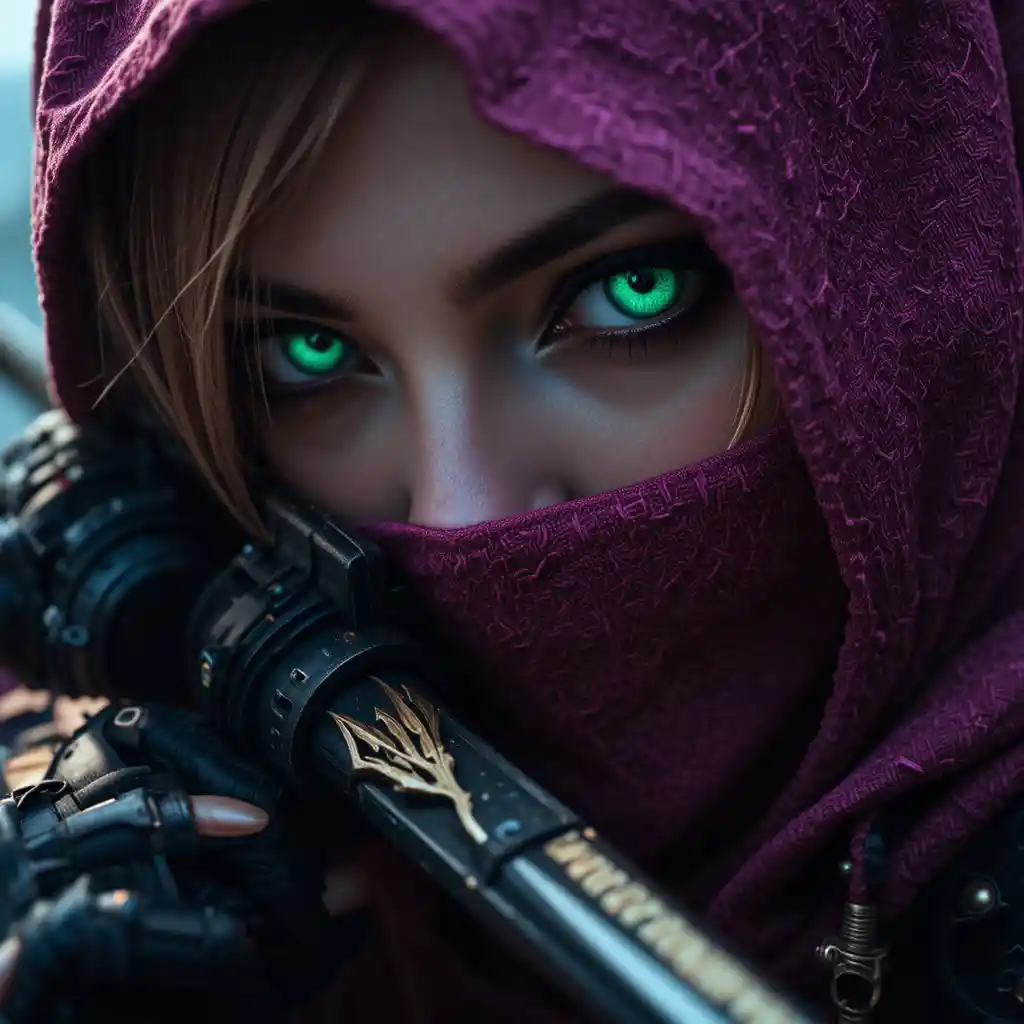 Cyberpunk anime warrior woman with scarred masked face