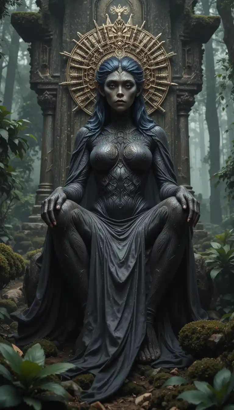 Divine ape human guardian seated above a misty forest