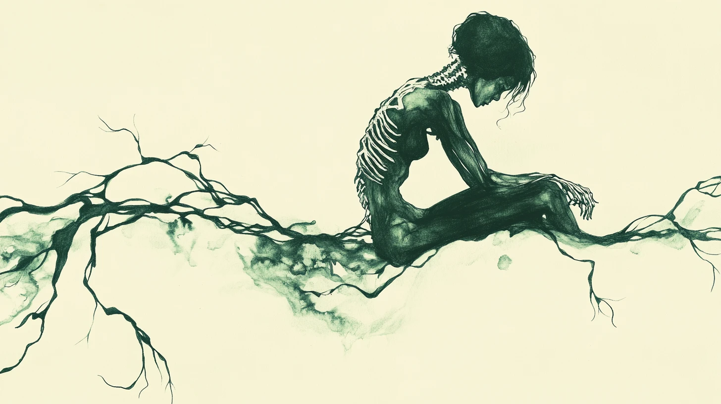 Minimal ink figure emerging from delicate flowing vines