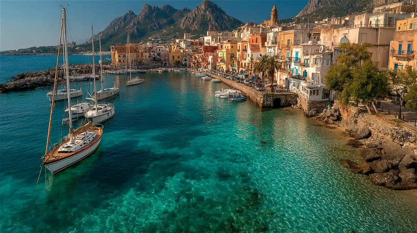 Aerial view of an Italian mountain village harbor