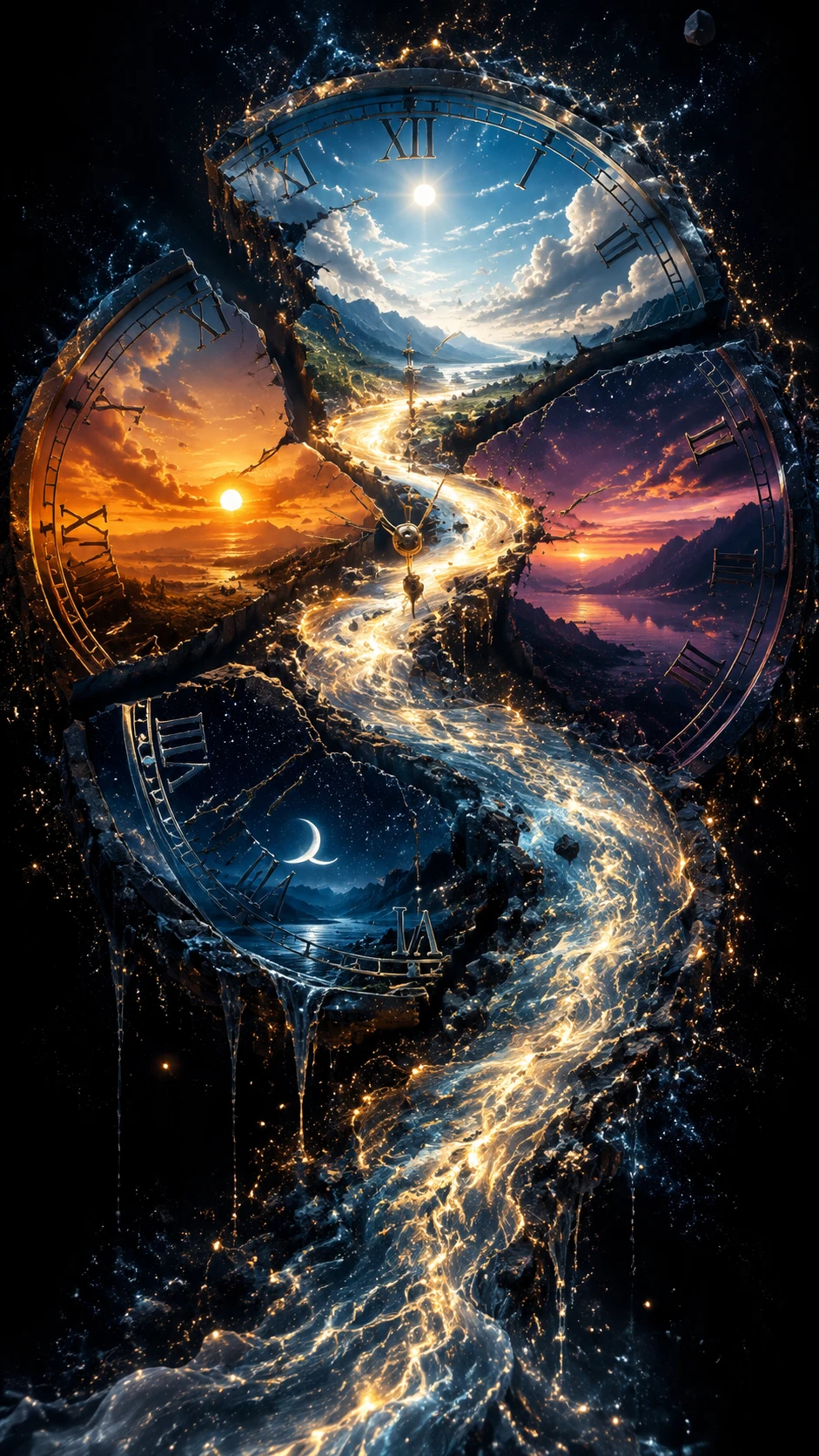 Glowing River Winding Through Fragmented Cosmic Clock