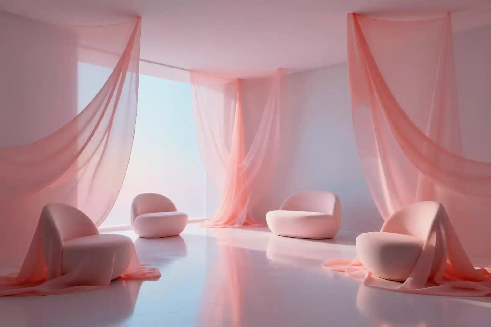 Surreal modern interior with flowing pink fabrics and soft light