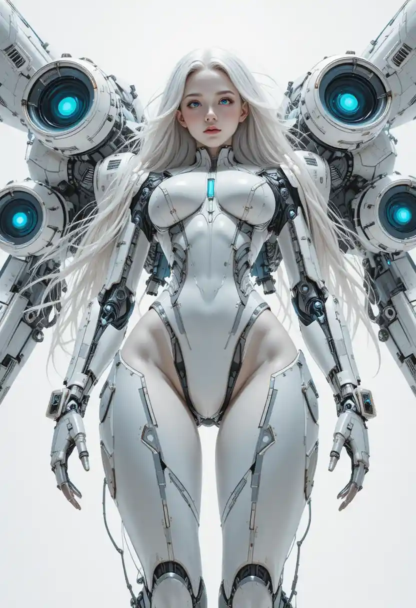 Futuristic anime android warrior with massive mecha exoskeleton